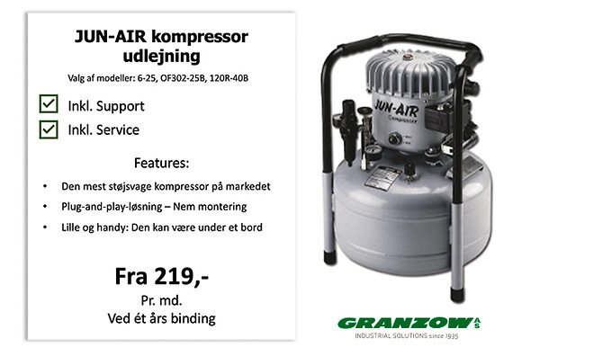 Et billede af Granzow A/S Abonnementsløsning på udvalgte JUN-AIR modeller som: JUN-AIR 6-25, JUN-AIR OF302-25B og JUN-AIR 120R-40B til en månedlig fast pris på 219 ved et års binding.