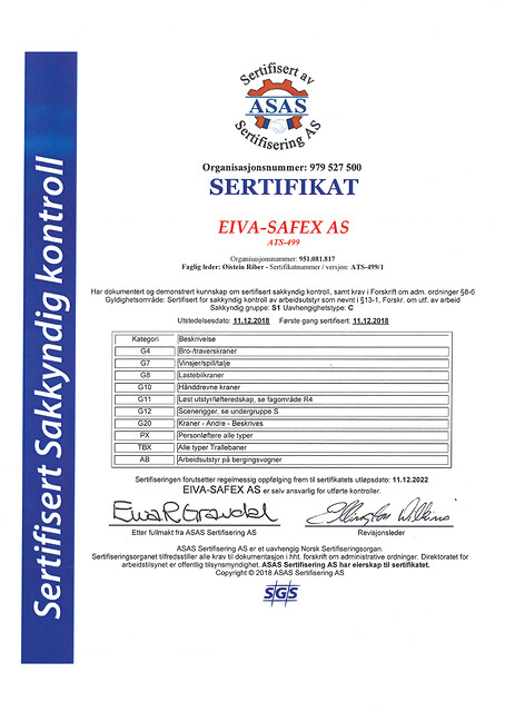 EIVA-SAFEX AS tilbyr Service og vedlikehold - Sertifisert sakkyndig kontroll 