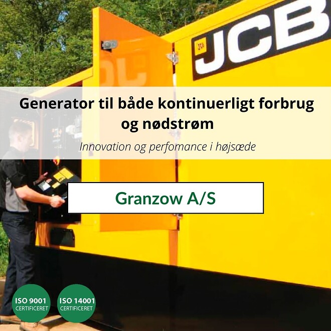 Generator til både kontinuerligt forbrug og nødstrøm købes hos Granzow A/S. Tag en uforpligtende snak og hør mere om generatorer og udvalget fra JCB.