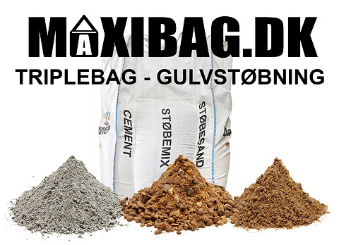 Genial 3-i-1 bigbag til gulvstøbning med cement, støbemix og støbesand - Cement, Støbemix og støbesand i en bigbag.\nAlt til gulvstøbning.\nKun hos Maxibag