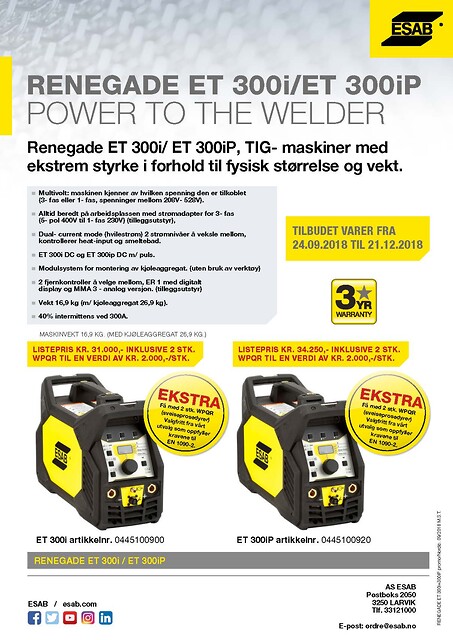 Høstkampanje fra ESAB (Renegade ET 300i/ET  300 iP