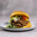 Veganask, klimasmart alternativ, grønne retter. pease burger