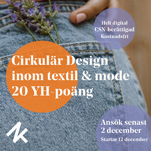 Bild på jeans som bakgrund och text som berättar om kursstart av YH-kursen Cirkulär Design. 