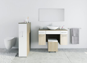 The washbasin moves to the chosen height at the push of a button: barrier-free bathrooms provide an added degree of safety and enhance quality of life every day. Photo: Hettich